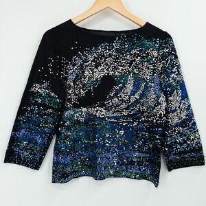 Vintage Michael Simon Sequin Wave Sweater Small Deadstock Black Blue Art to Wear